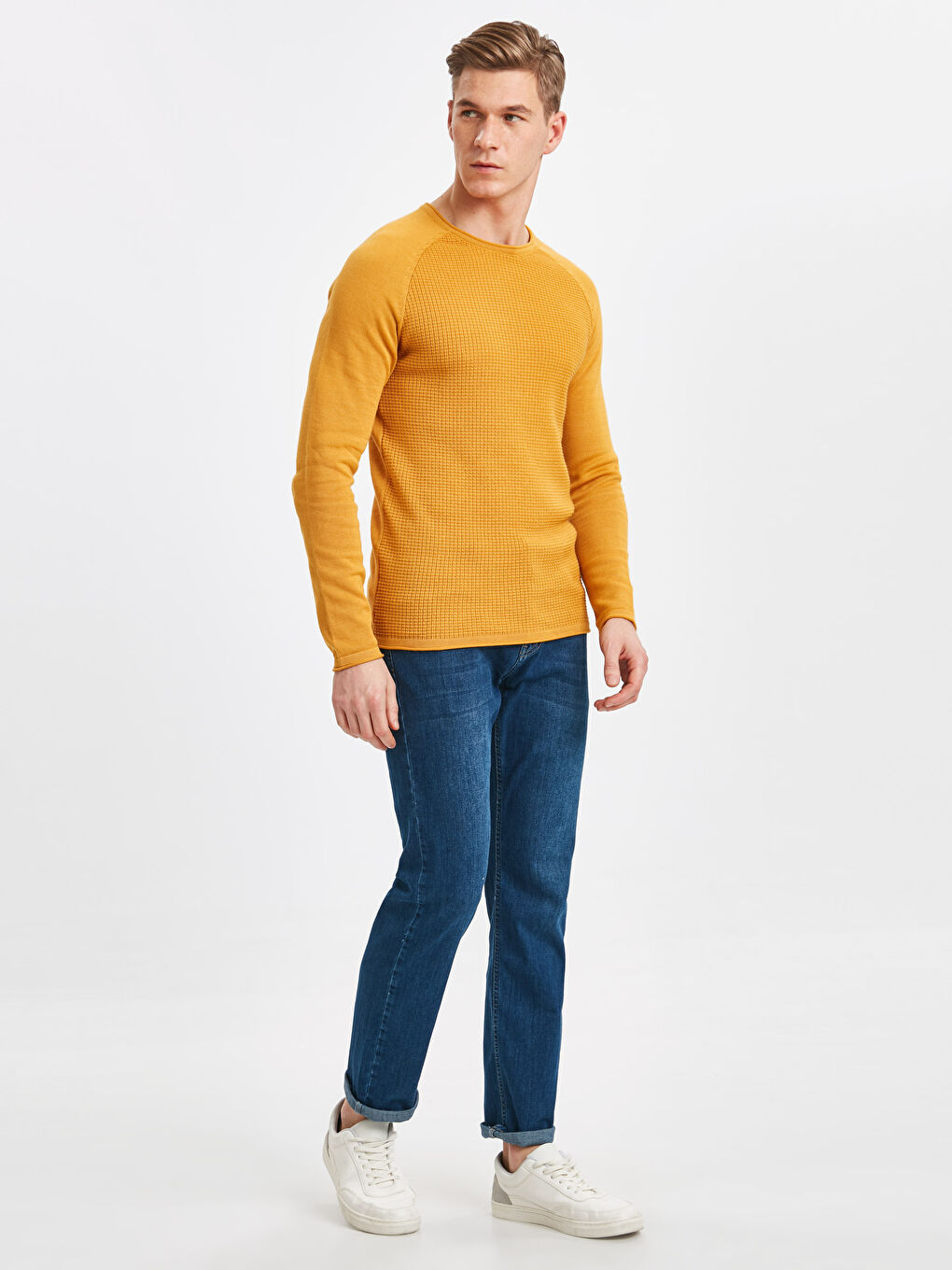 Sarı Bisiklet Yaka Uzun Kollu İnce Erkek Triko Kazak-2