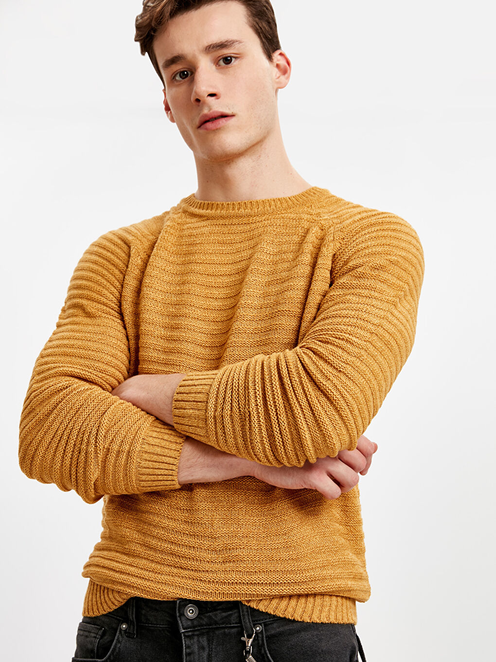 Sarı Bisiklet Yaka Erkek Triko Kazak