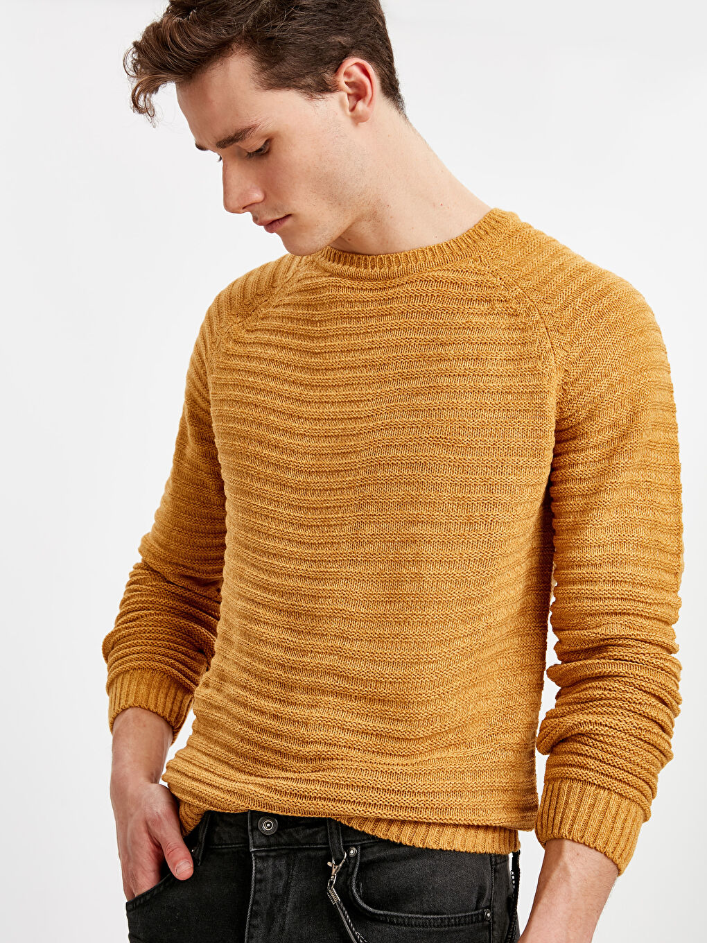 Sarı Bisiklet Yaka Erkek Triko Kazak-1