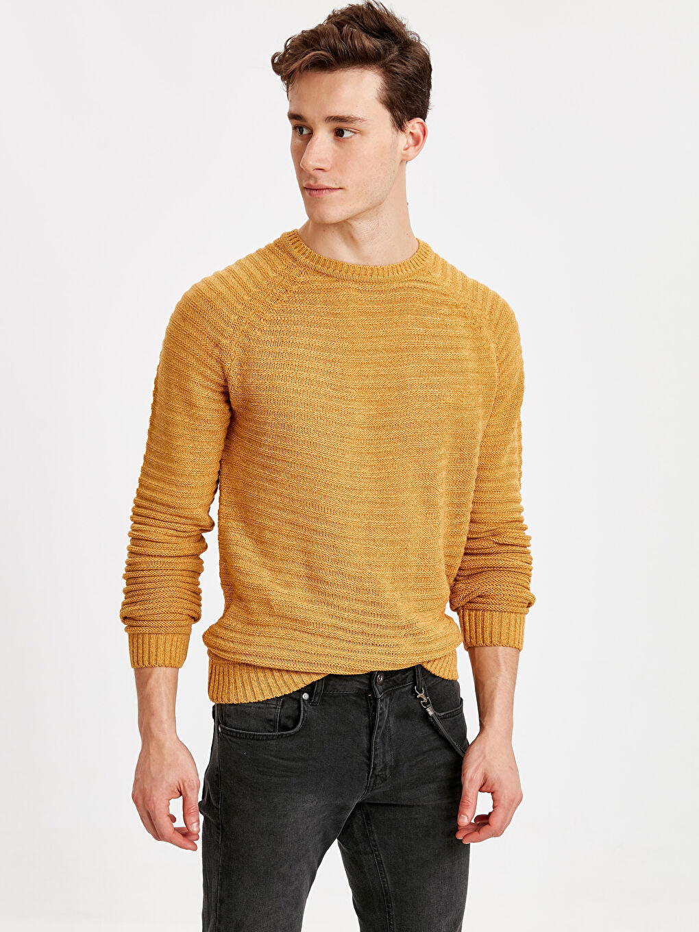 Sarı Bisiklet Yaka Erkek Triko Kazak-2