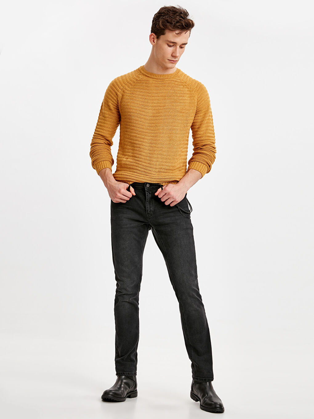 Sarı Bisiklet Yaka Erkek Triko Kazak-4