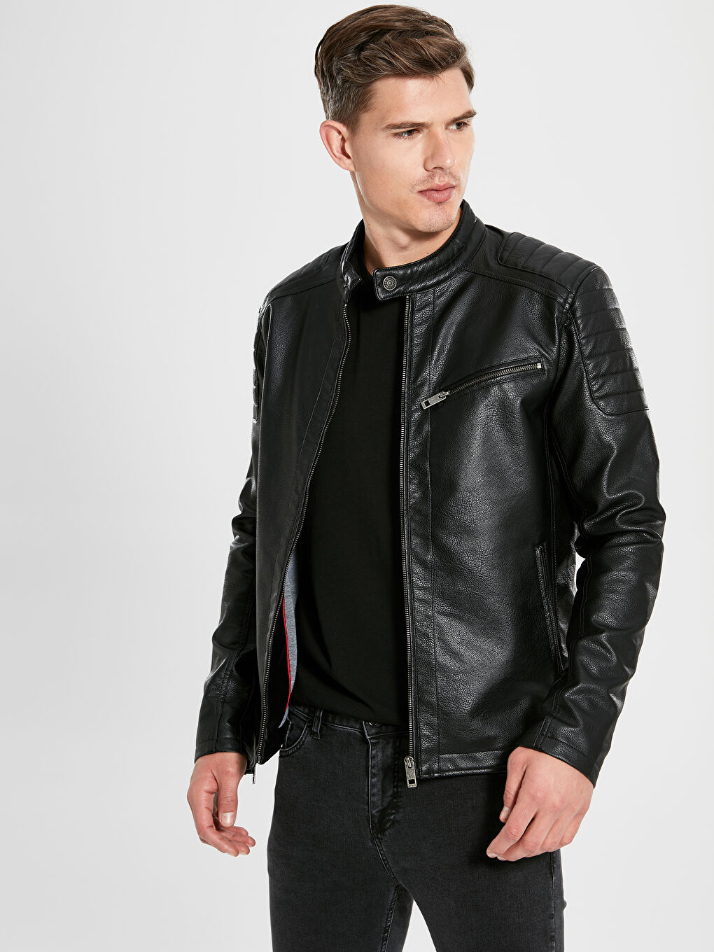 Siyah Erkek Deri Görünümlü Mont-3