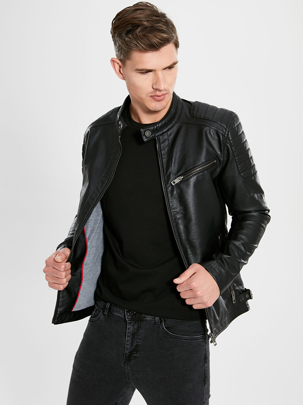 Siyah Erkek Deri Görünümlü Mont-5