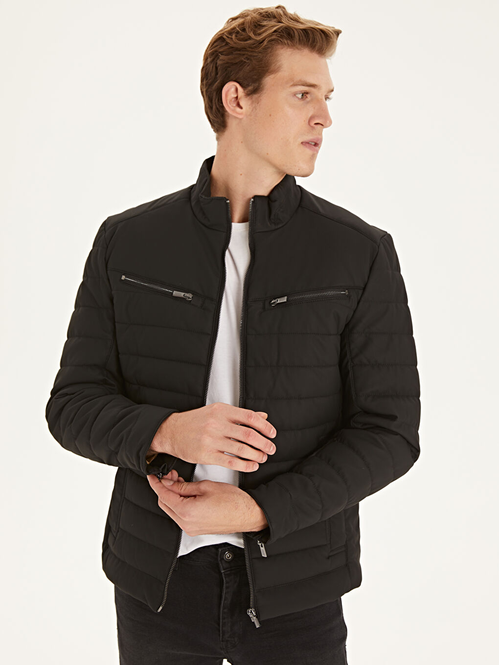 Siyah Sıyah Deri Görünümlü Mont-2