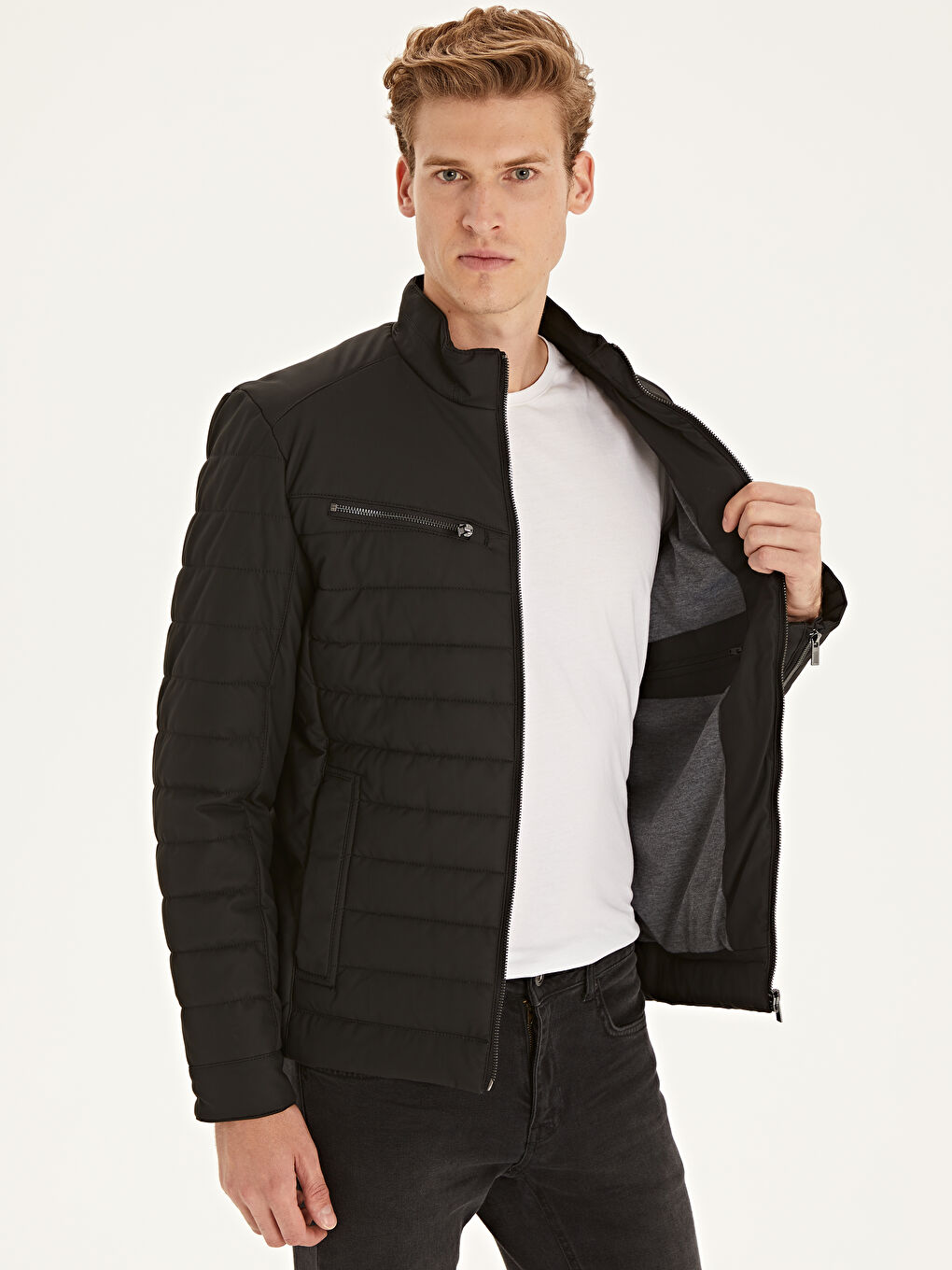 Siyah Sıyah Deri Görünümlü Mont-3