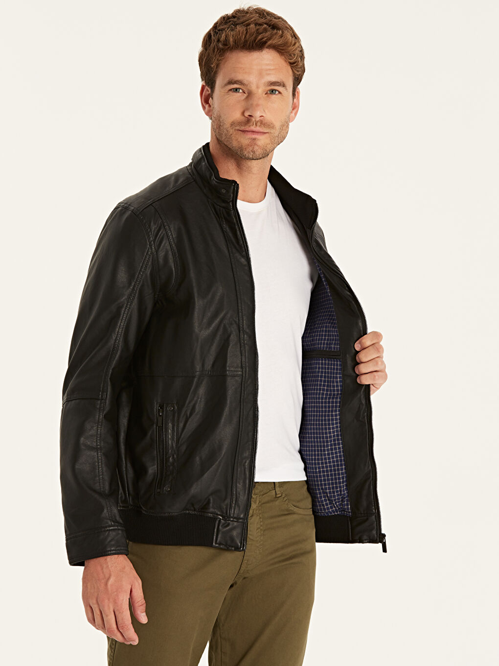 Siyah Dik Yaka Erkek Deri Görünümlü Mont-2