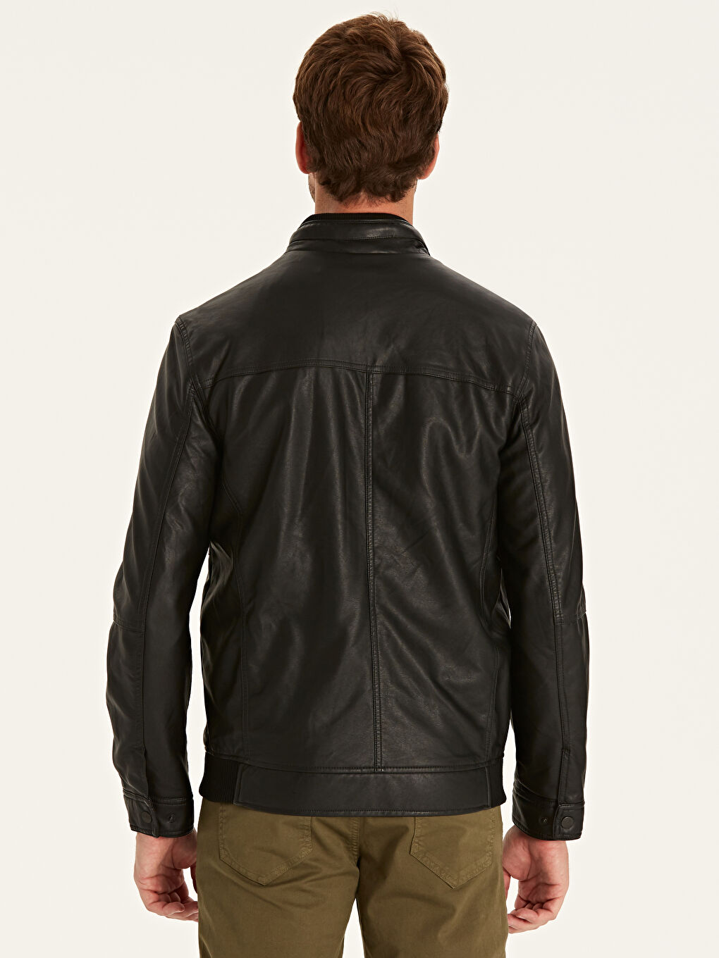 Siyah Dik Yaka Erkek Deri Görünümlü Mont-3