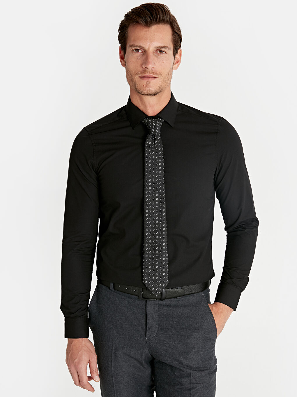 Siyah Slim Fit Uzun Kollu Erkek Gömlek-1