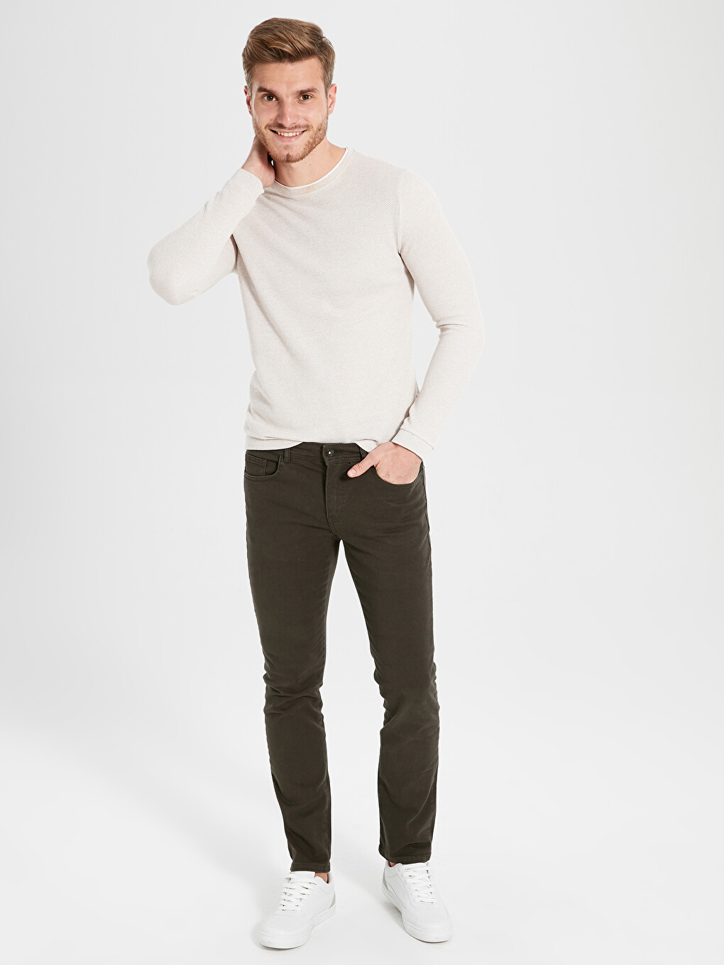 Haki Dar Kalıp Gabardin Erkek Chino Pantolon-1