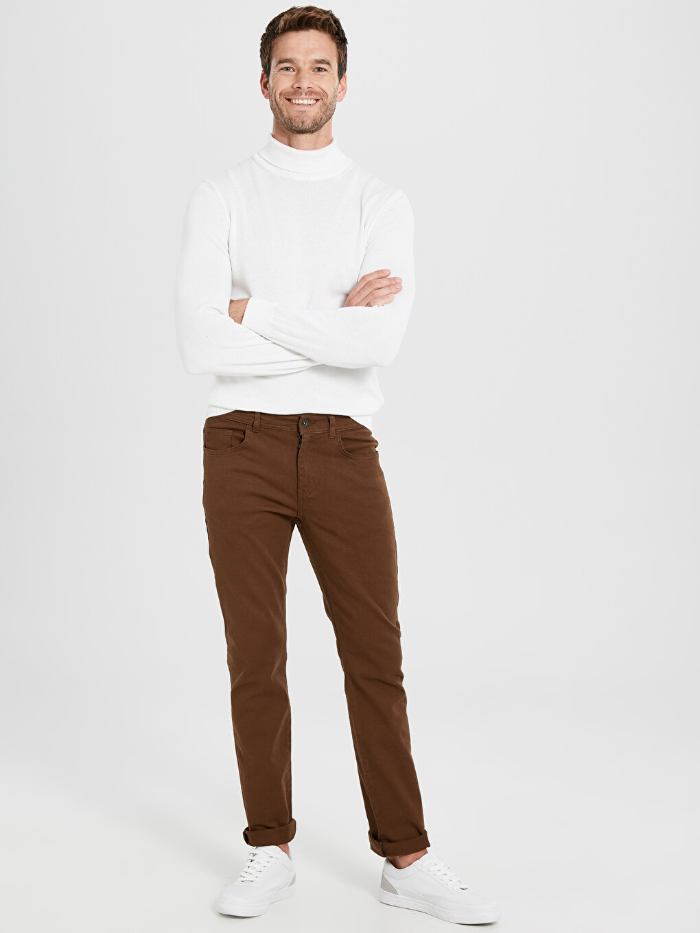 Kahverengi Dar Kalıp Gabardin Erkek Chino Pantolon