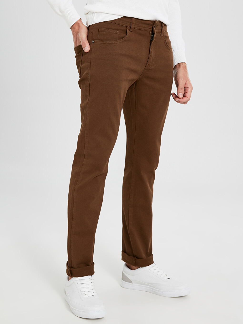 Kahverengi Dar Kalıp Gabardin Erkek Chino Pantolon-1