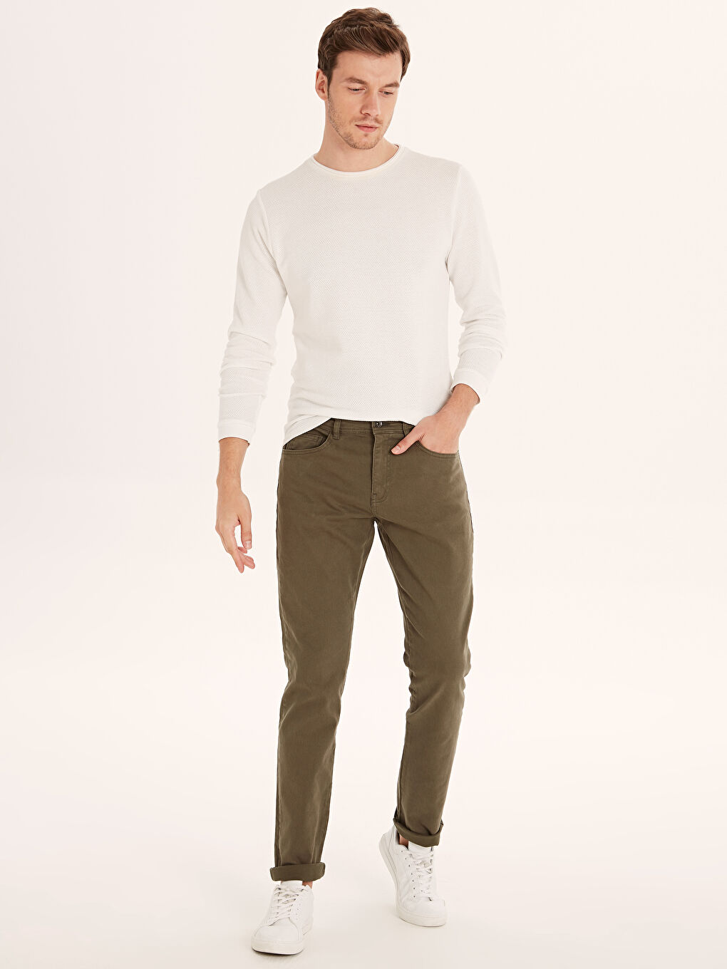 Haki Dar Kalıp Gabardin Erkek Chino Pantolon