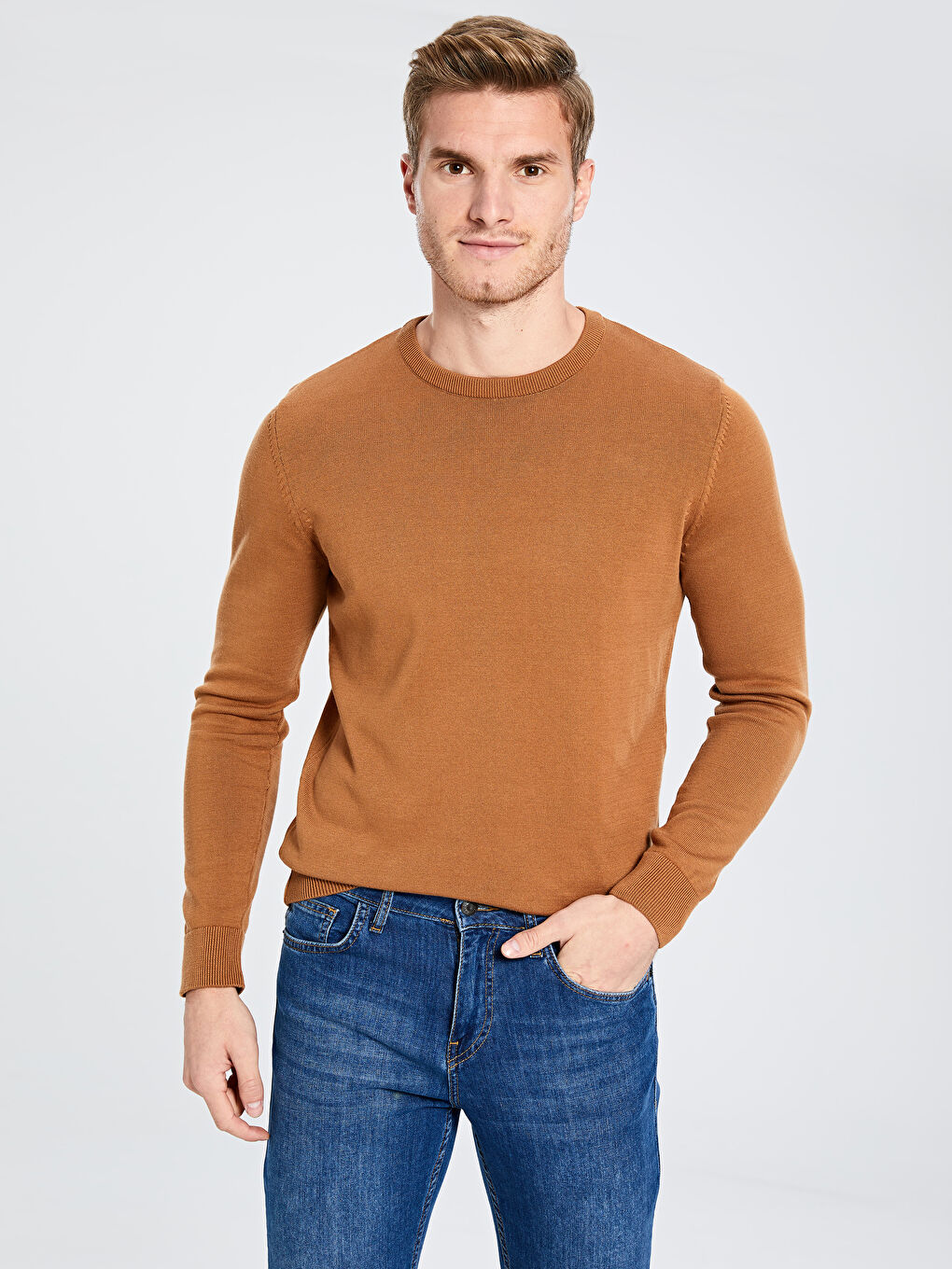 Bej Bisiklet Yaka Erkek Triko Kazak