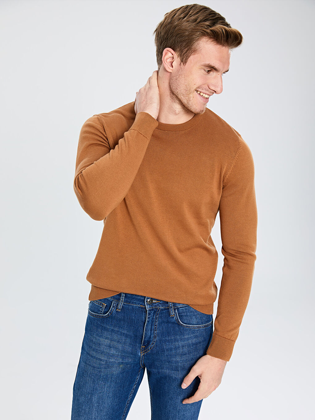 Bej Bisiklet Yaka Erkek Triko Kazak-1