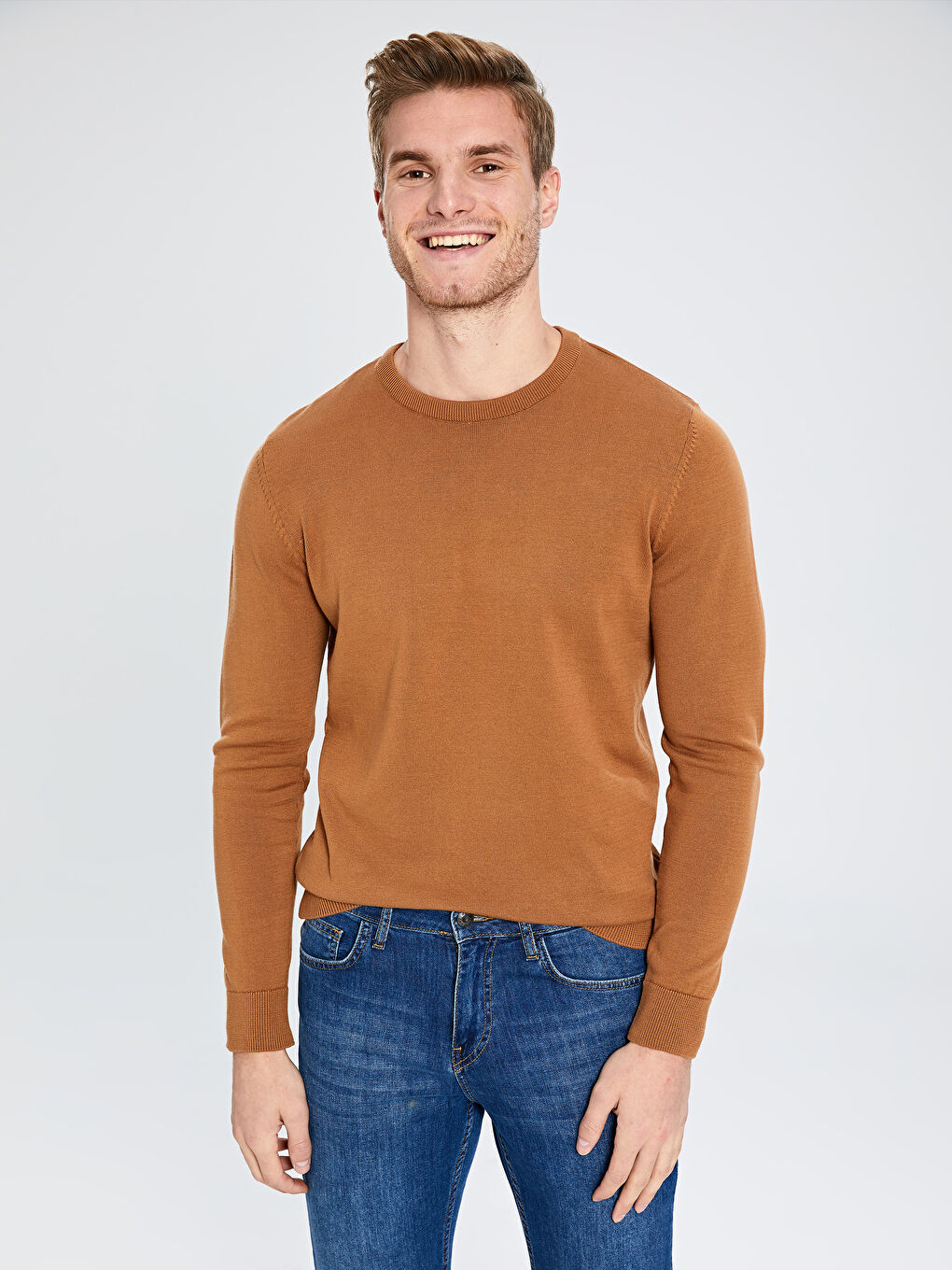 Bej Bisiklet Yaka Erkek Triko Kazak-2