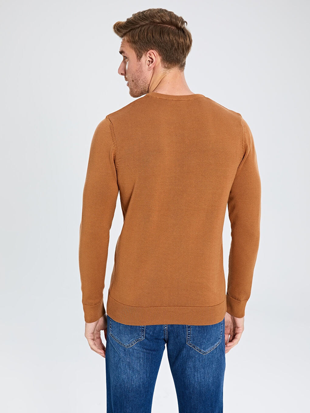 Bej Bisiklet Yaka Erkek Triko Kazak-3