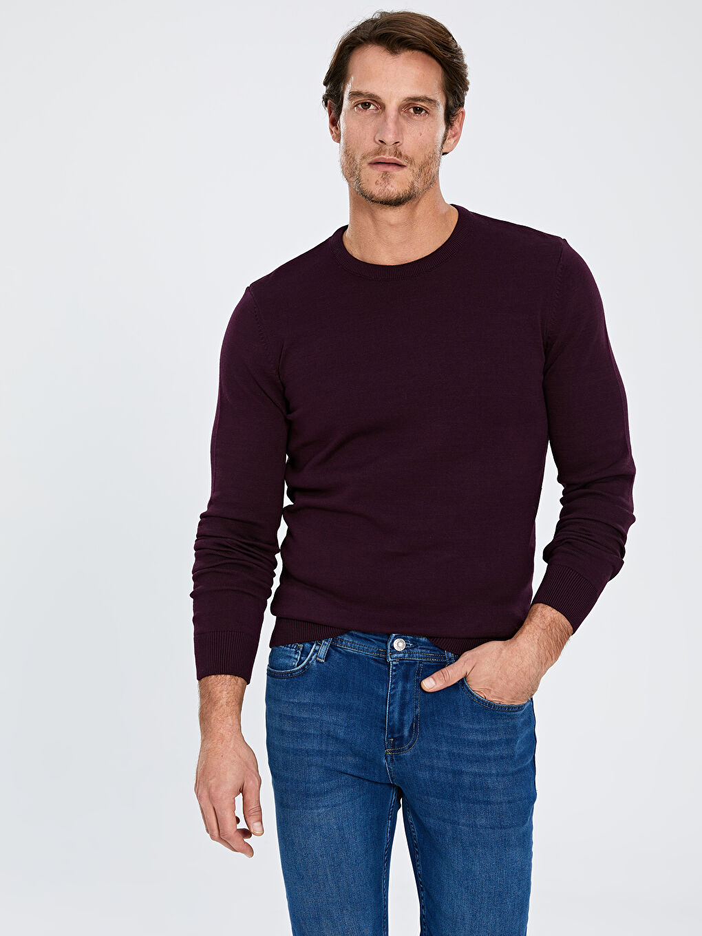 Mor Bisiklet Yaka Erkek Triko Kazak-2