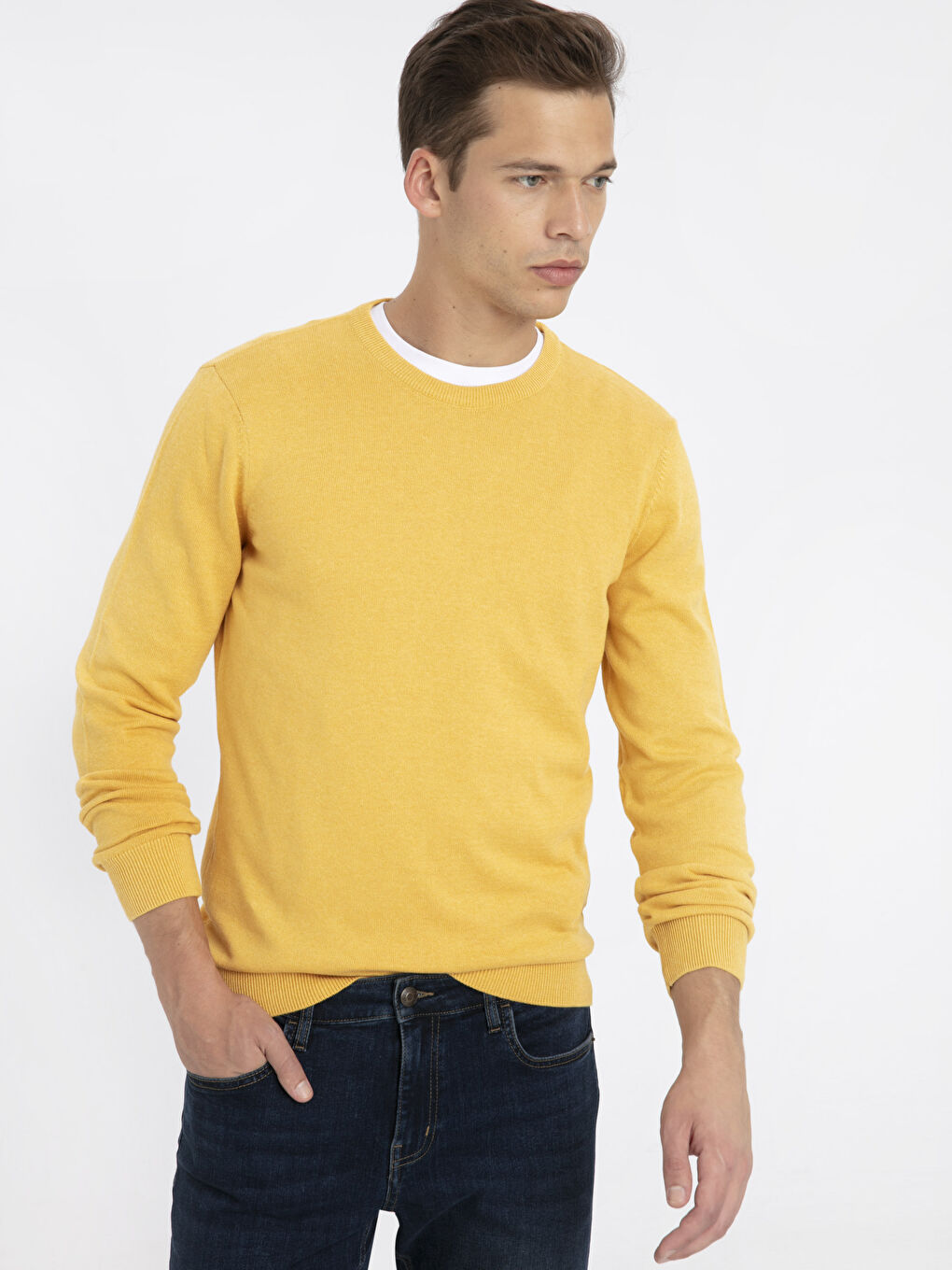 Sarı Bisiklet Yaka Erkek Triko Kazak