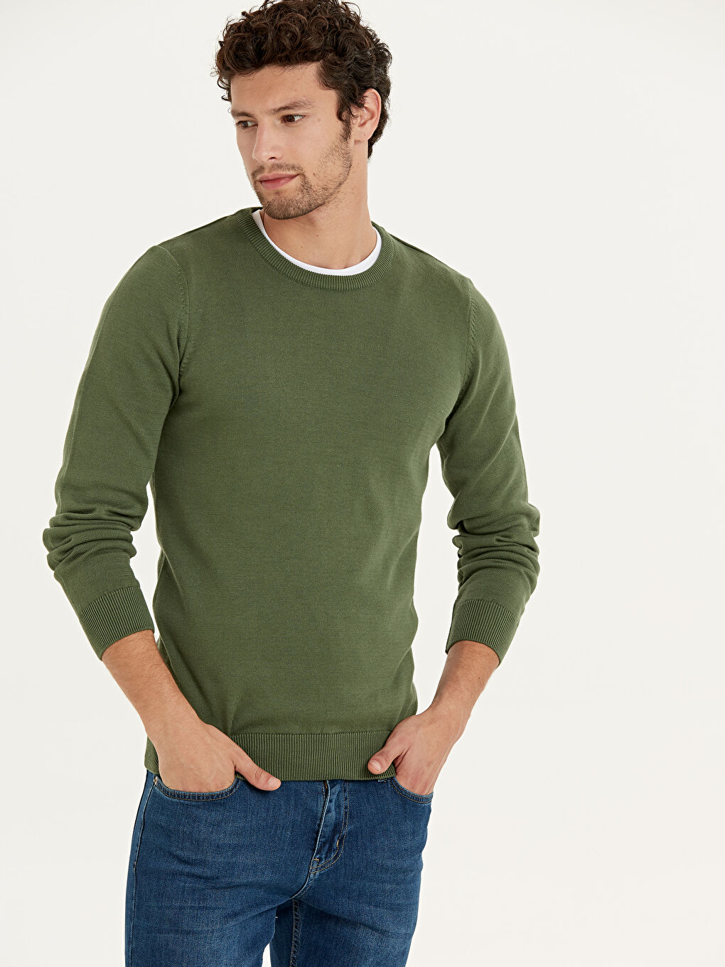 Yeşil Bisiklet Yaka Erkek Triko Kazak-1