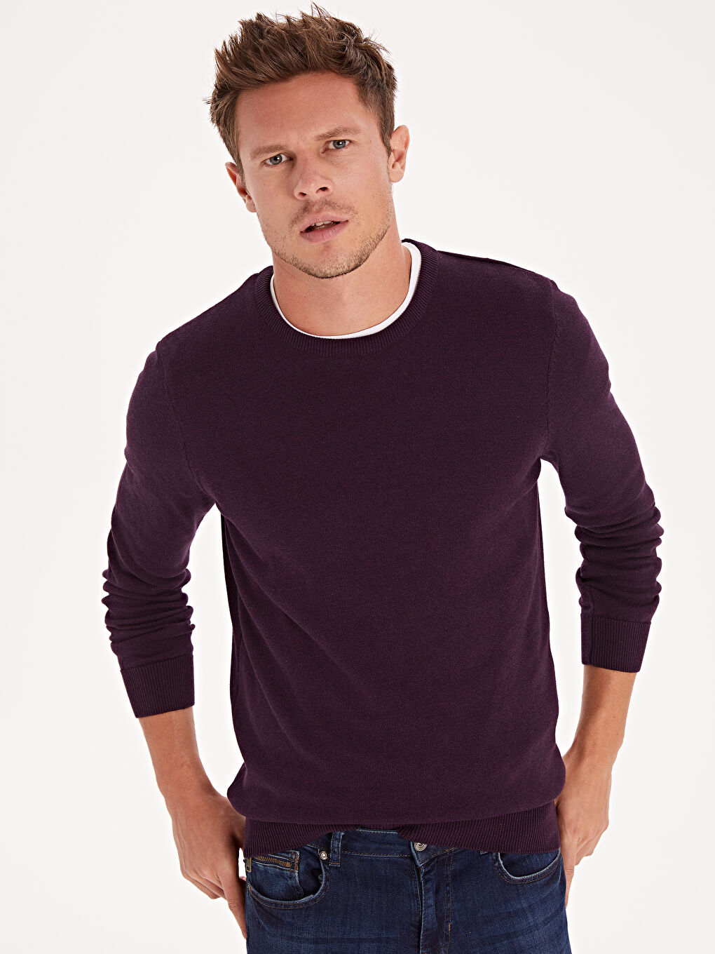 Mor Bisiklet Yaka Erkek Triko Kazak-1