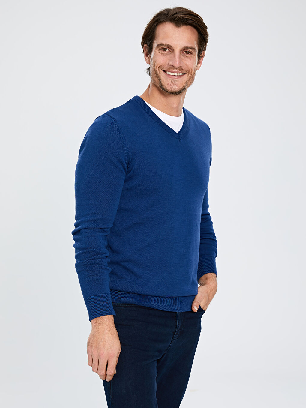 İndigo V Yaka Uzun Kollu Erkek Triko Kazak