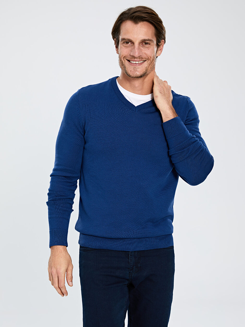 İndigo V Yaka Uzun Kollu Erkek Triko Kazak-1