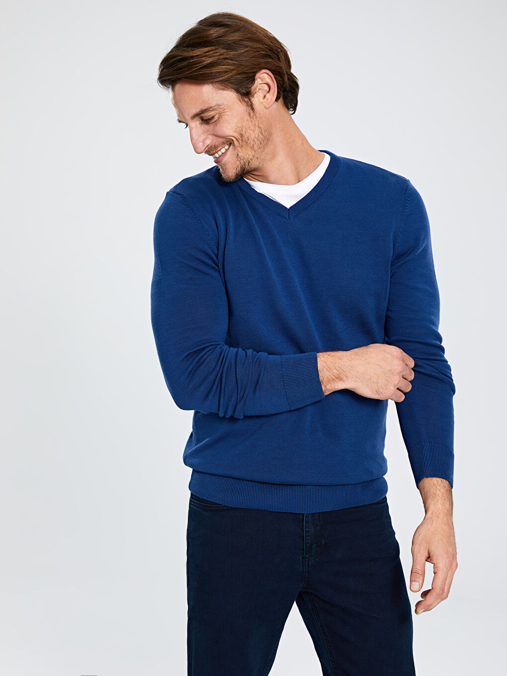 İndigo V Yaka Uzun Kollu Erkek Triko Kazak-2