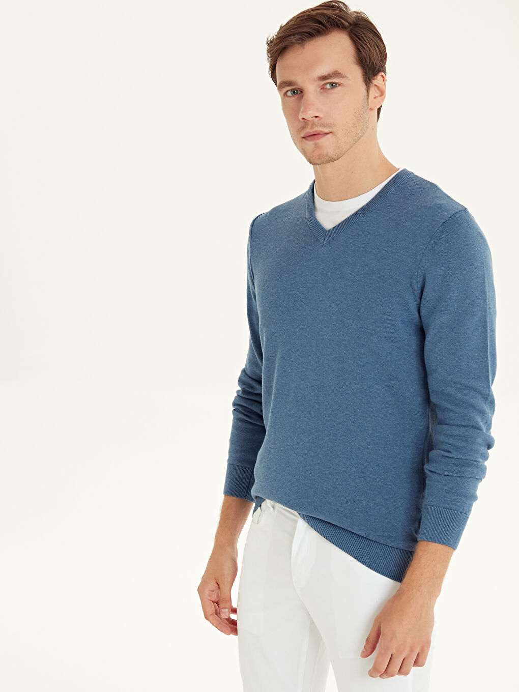 Pull-over encolure en V manches longues pour hommes en tricot