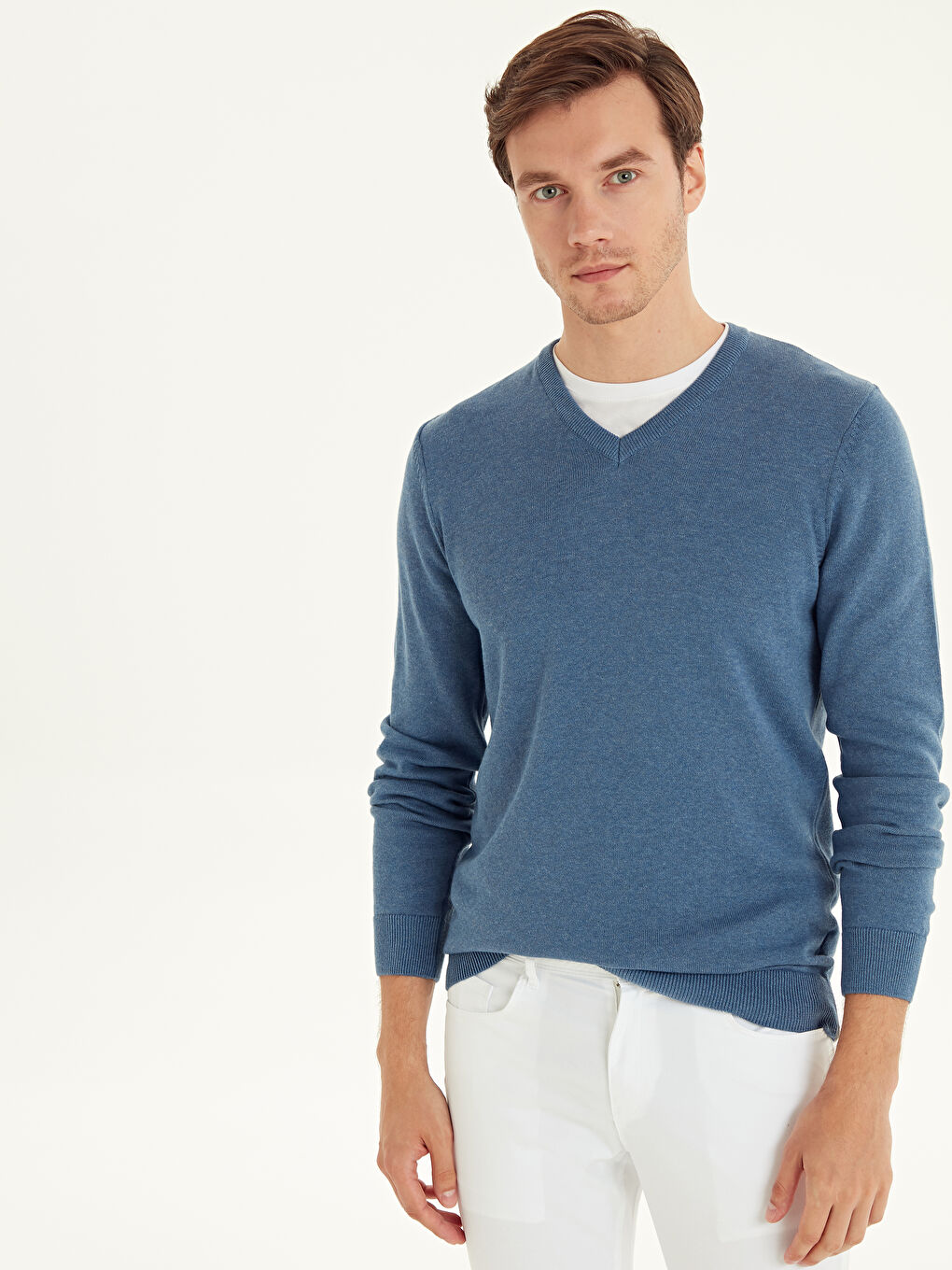 Pull-over encolure en V manches longues pour hommes en tricot-2