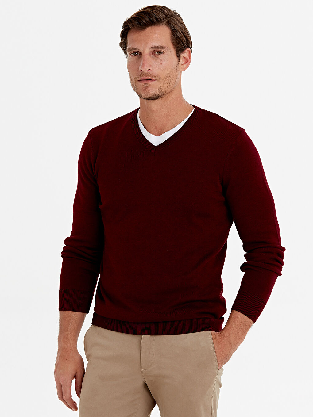 Bordo V Yaka Uzun Kollu Erkek Triko Kazak