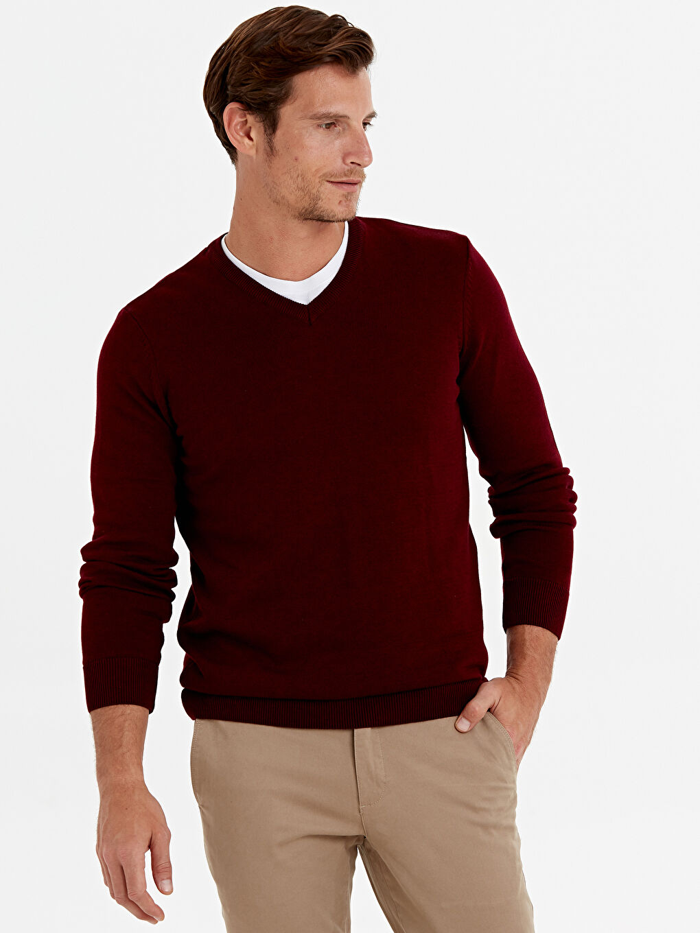 Bordo V Yaka Uzun Kollu Erkek Triko Kazak-1