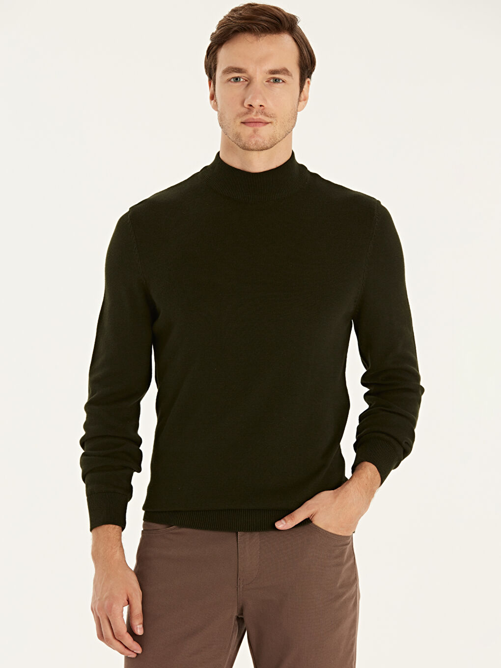 Yeşil Balıkçı Yaka Uzun Kollu Erkek Triko Kazak-1