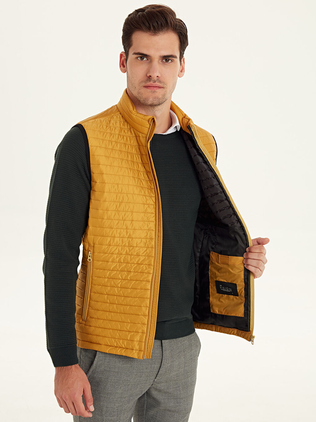 Sarı Slim Fit Dik Yaka Erkek Yelek-1