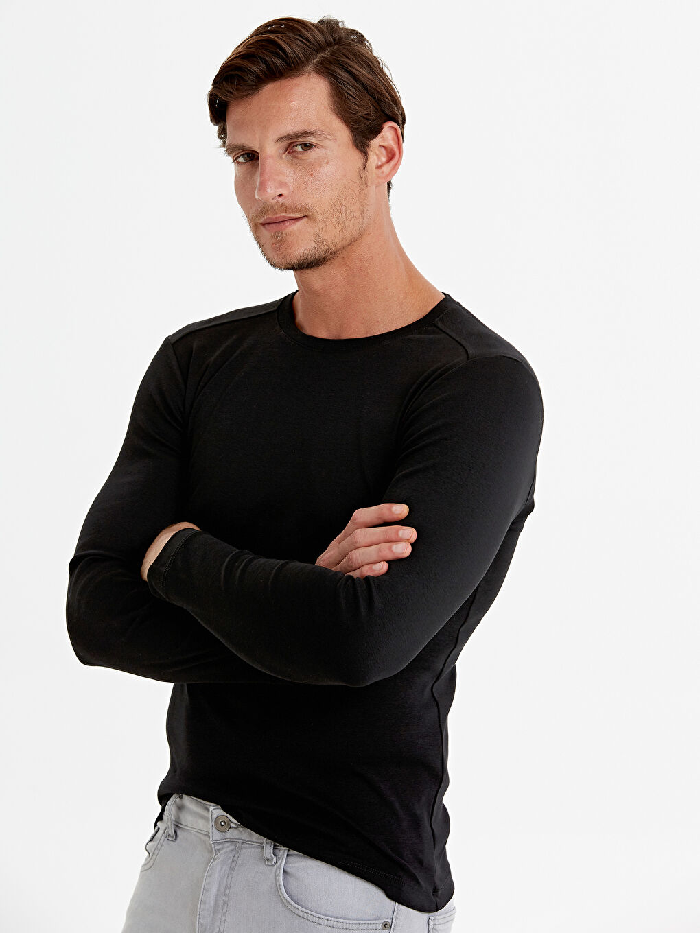 Siyah Bisiklet Yaka Uzun Kollu Penye Erkek Tişört