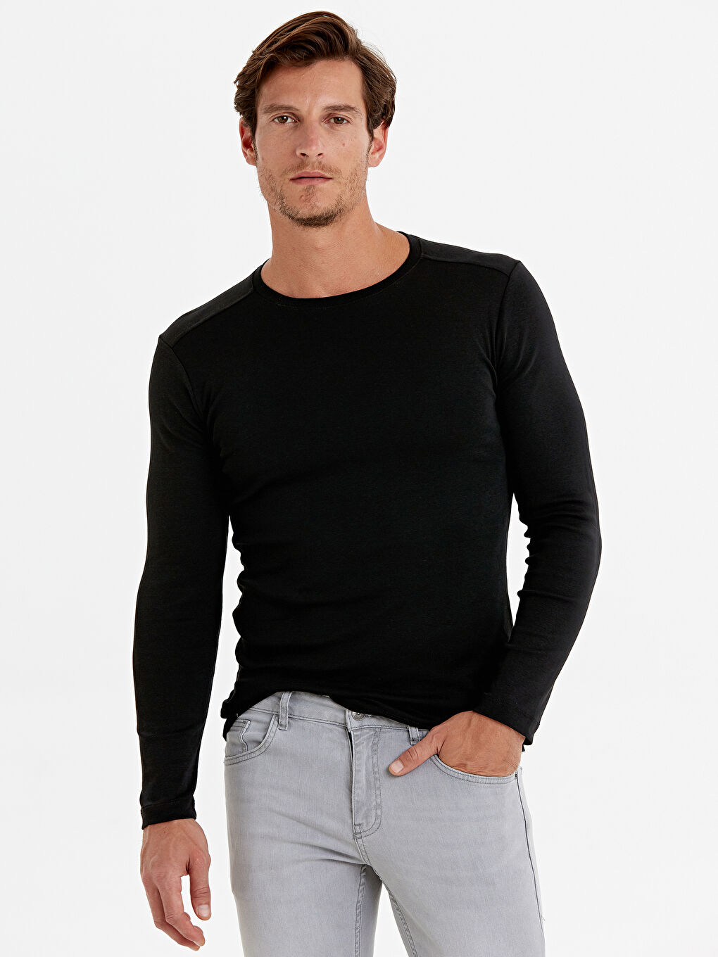 Siyah Bisiklet Yaka Uzun Kollu Penye Erkek Tişört-1