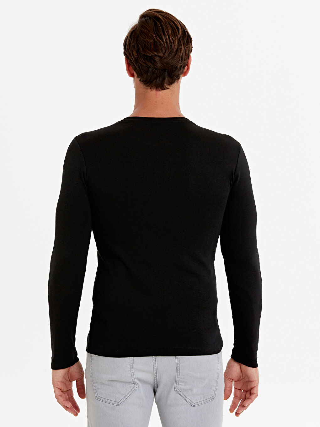 Siyah Bisiklet Yaka Uzun Kollu Penye Erkek Tişört-2