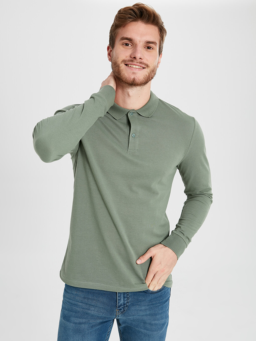 Yeşil Standart Fit Polo Yaka Uzun Kollu Erkek Tişört