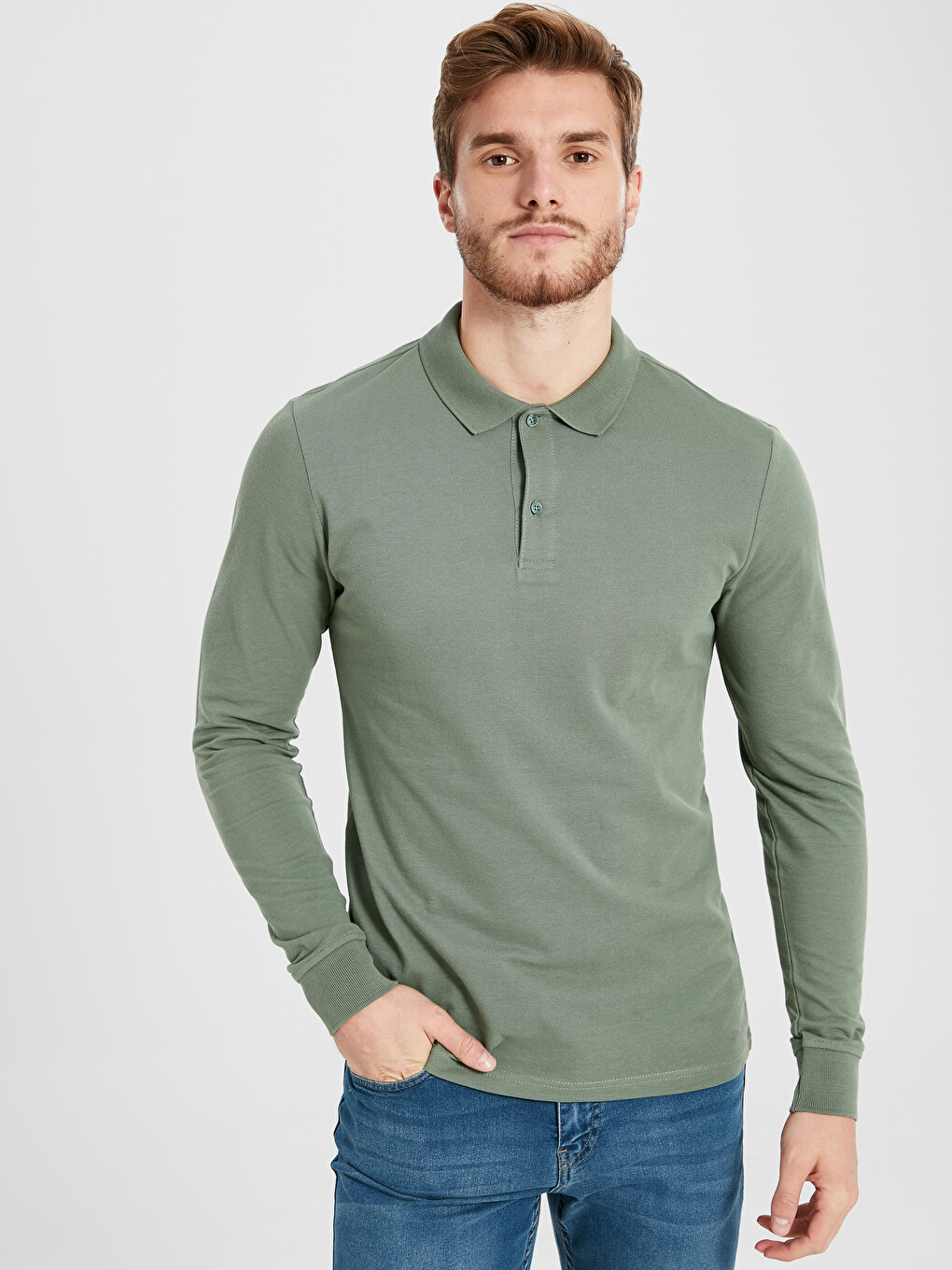 Yeşil Standart Fit Polo Yaka Uzun Kollu Erkek Tişört-1