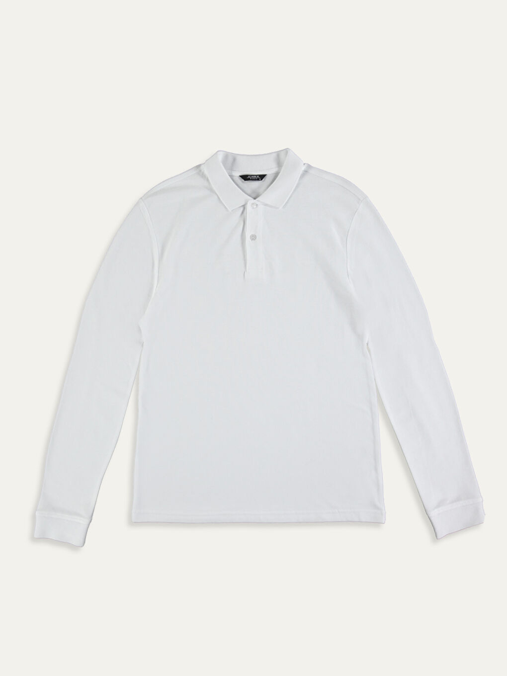 Beyaz Polo Yaka Uzun Kollu Basic Tişört-2