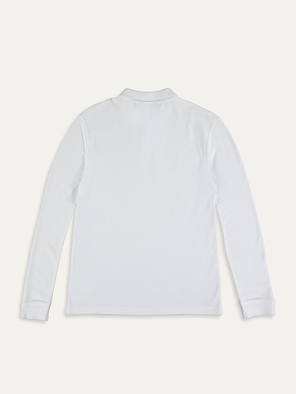 Beyaz Polo Yaka Uzun Kollu Basic Tişört-7