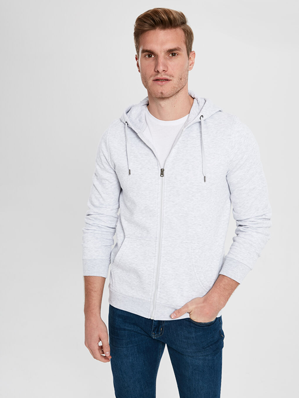 Gri Kapüşonlu Fermuarlı Erkek Sweatshirt