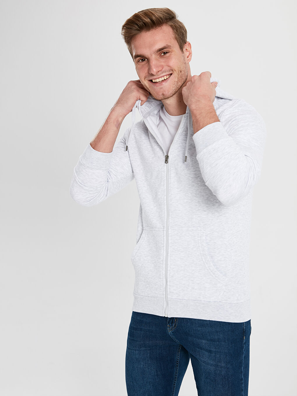 Gri Kapüşonlu Fermuarlı Erkek Sweatshirt-1