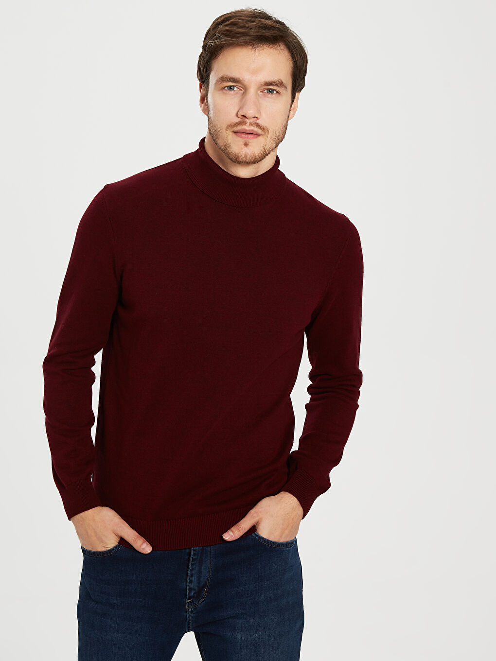 Bordo Balıkçı Yaka Uzun Kollu Erkek Triko Kazak