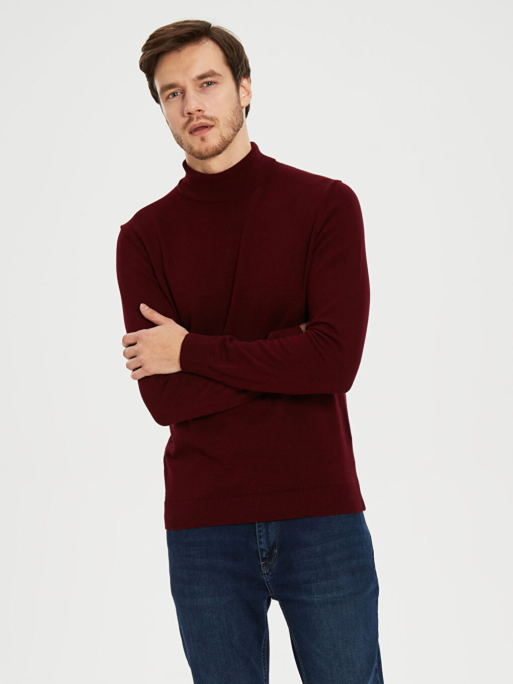 Bordo Balıkçı Yaka Uzun Kollu Erkek Triko Kazak-1