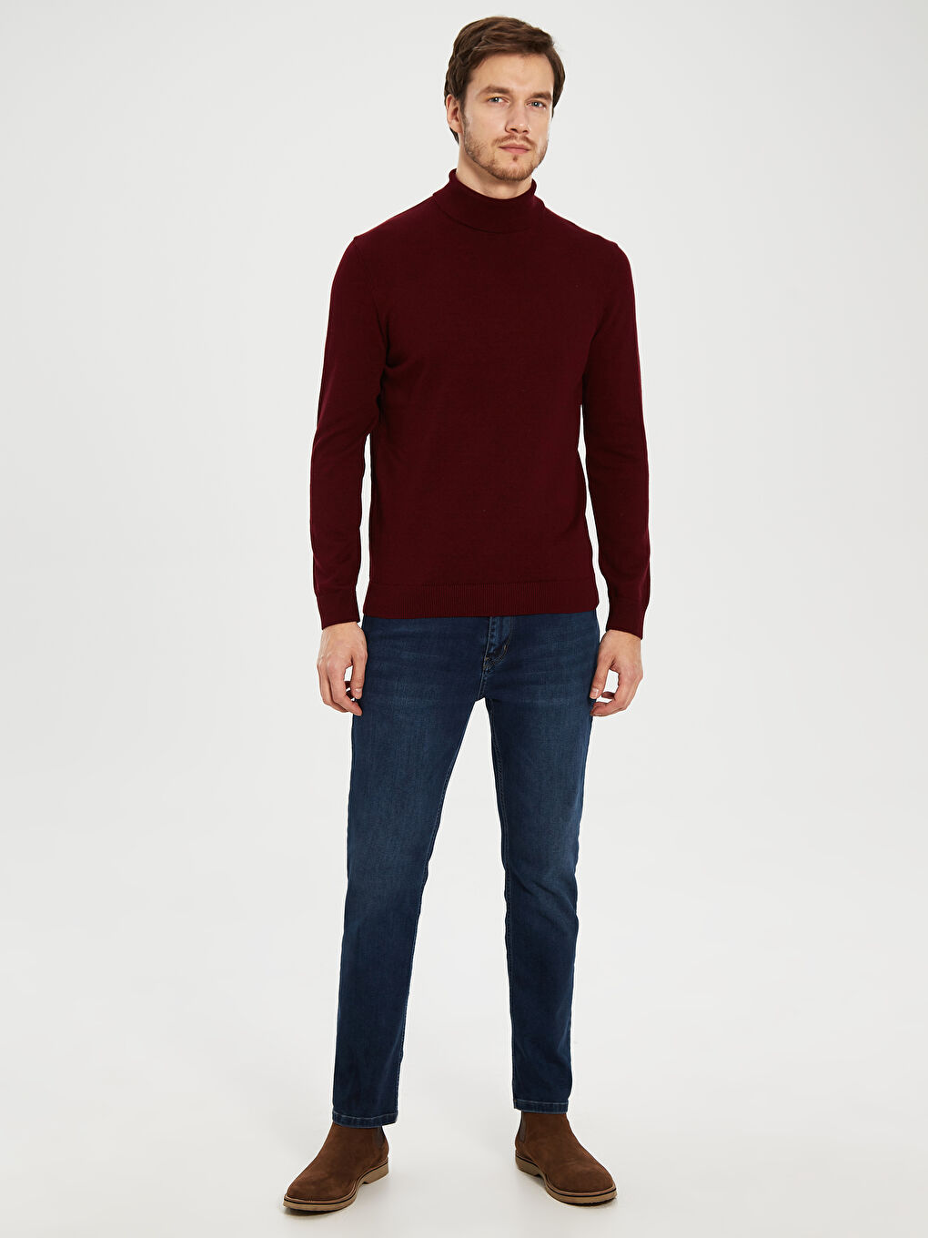 Bordo Balıkçı Yaka Uzun Kollu Erkek Triko Kazak-3