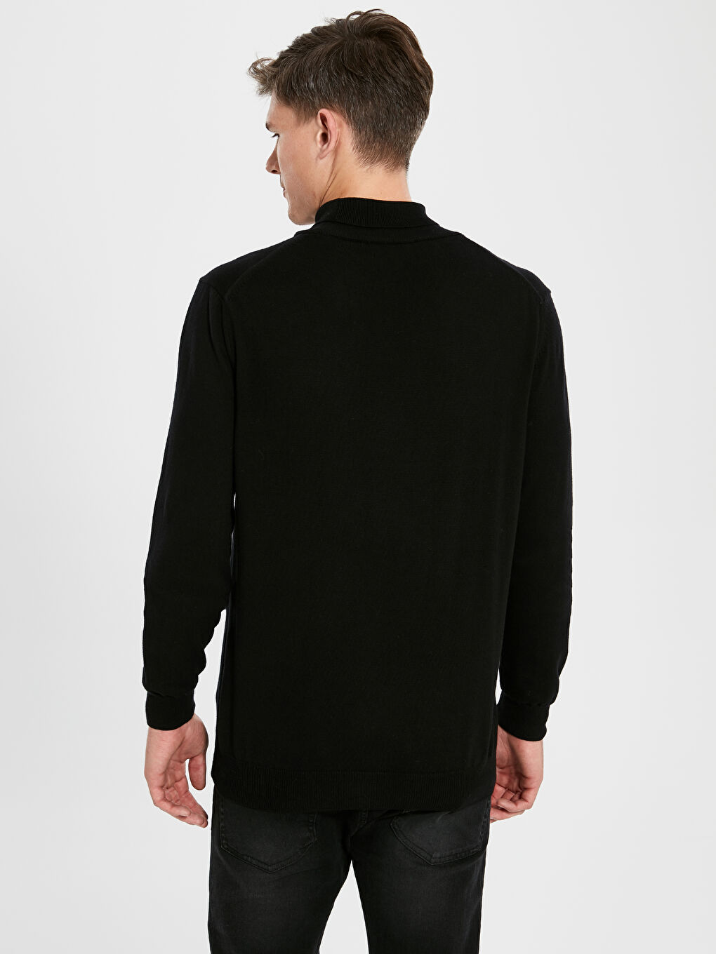 Siyah Balıkçı Yaka Uzun Kollu Erkek Triko Kazak-4