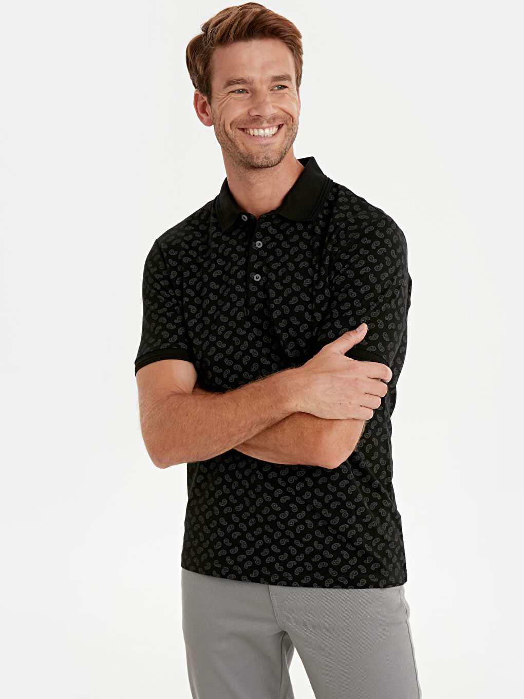 Siyah Polo Yaka Kısa Kollu Erkek Tişört-1