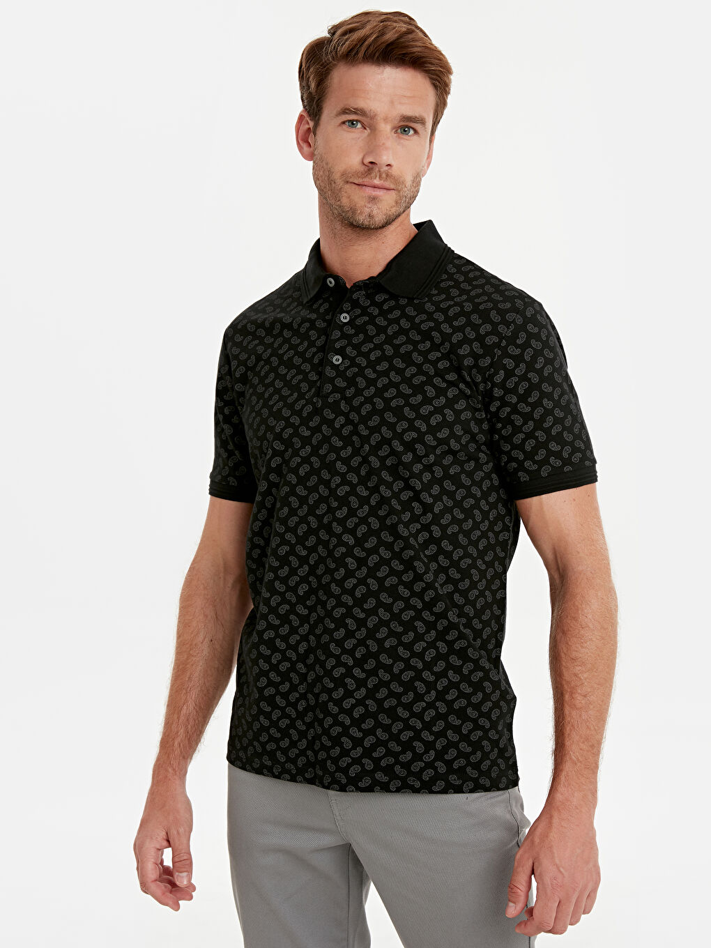 Siyah Polo Yaka Kısa Kollu Erkek Tişört-2