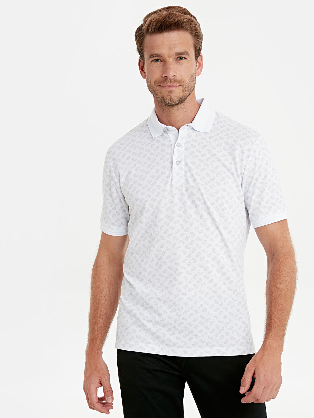 Beyaz Polo Yaka Kısa Kollu Erkek Tişört-2