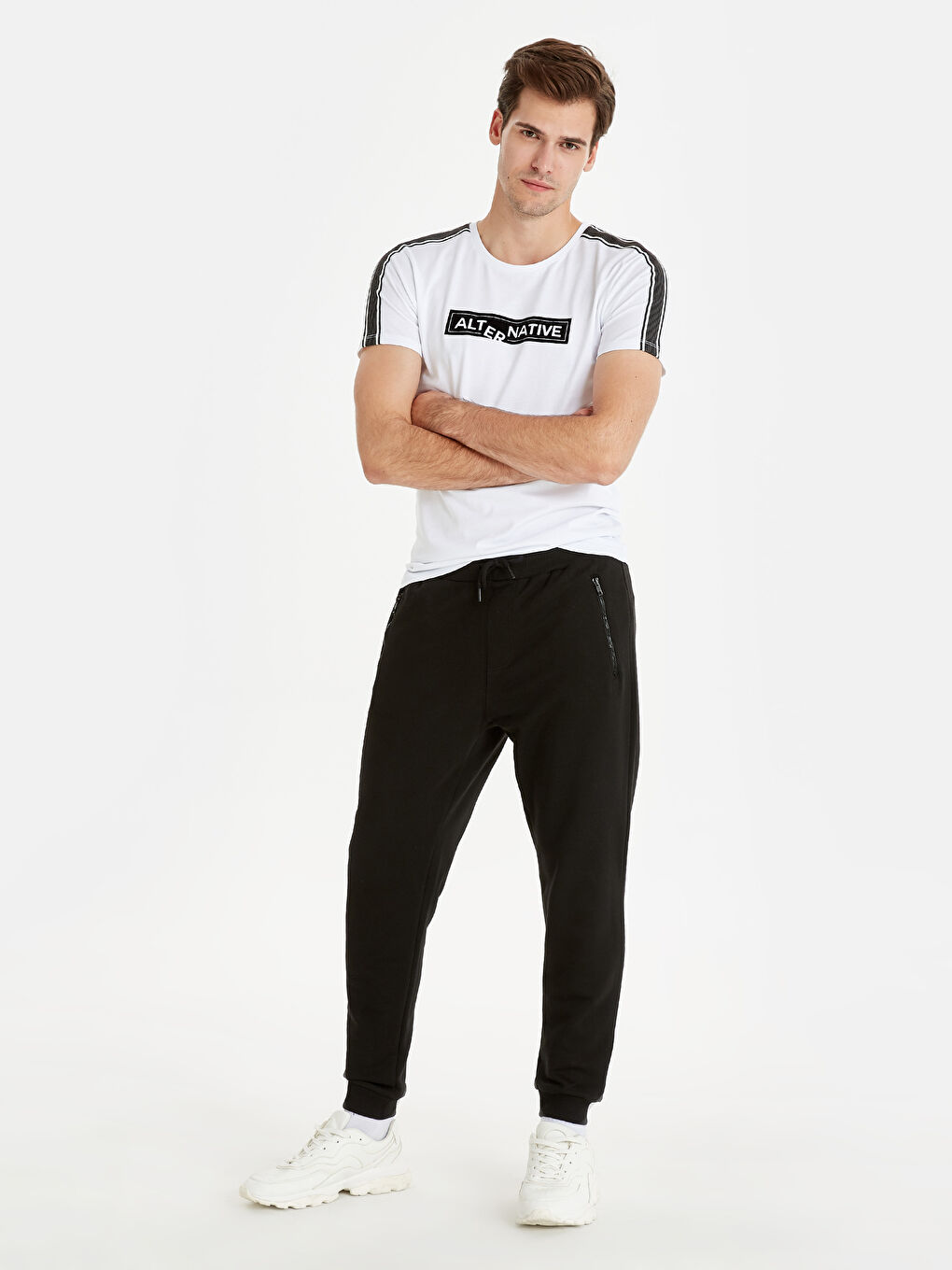 Beyaz Bisiklet Yaka Penye Erkek Tişört-2